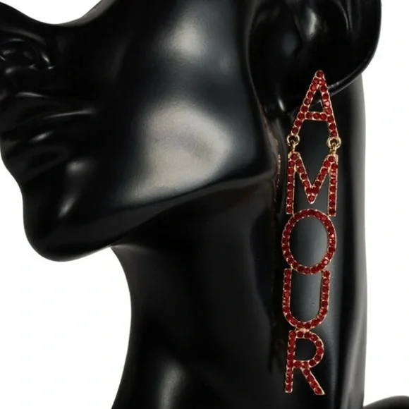 Amour LOVE Red Rhinestone Crystal Gold Long Drop Earrings Valentines Glam - Picture 2 of 8
